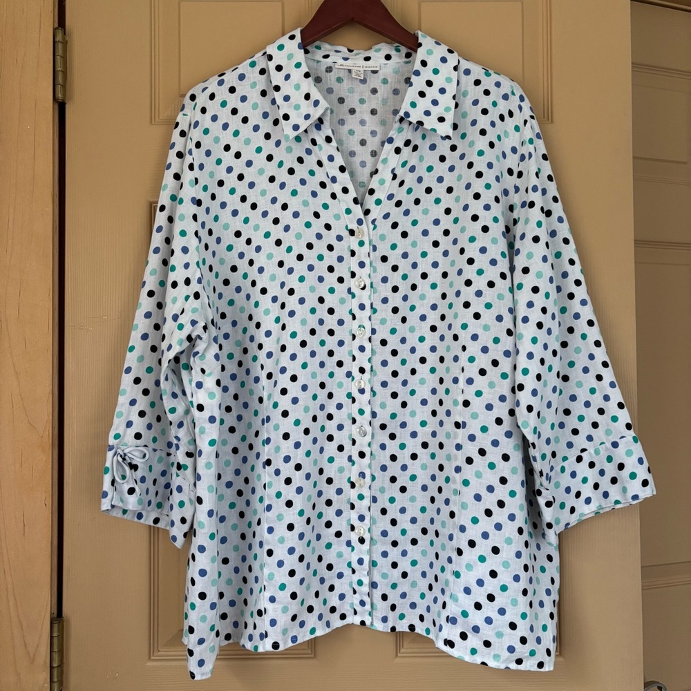 JM COLLECTION | Playful Polka Dot French Girl Brunch Linen Blouse‎ | Size 24W